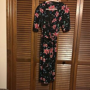 INC International Concepts Black & Pink Floral Wrap Midi Dress | Size S